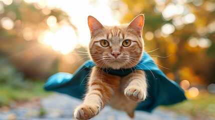 In the scene, a cat is dressed in a blue cape and soaring above the ground