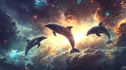 Fototapeta premium Cosmic dolphins dancing among radiant supernovas, their silhouettes glowing against the deep cosmic abyss.