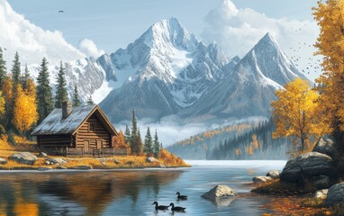 Autumn log cabin by mountain lake with ducks