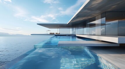 A futuristic all-glass home with a cantilevered structure, featuring a rooftop infinity pool offering stunning panoramic views.