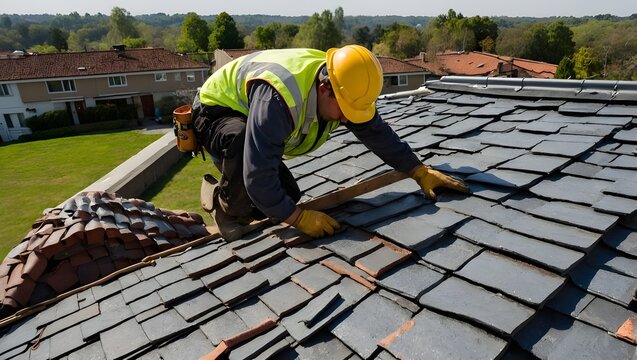 A view of a worker laying roof tiles on a building's roof