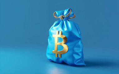Złoty symbol Bitcoina na niebieskim worku z pieniędzmi.