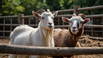 Obraz premium Goat farm view, domestic goats on the farm close up