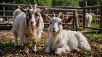 Goat farm view, domestic goats on the farm close up