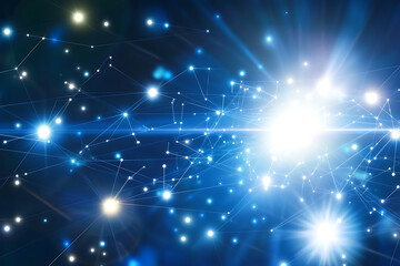 Fototapeta premium An abstract digital background featuring an image of a child's hand gently resting on the mother's open palm, highlighted by connecting data points in blue and black colors.