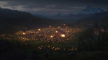 Obraz premium Nighttime Celebration with Glowing Lanterns in a Mountain Valley Landscape