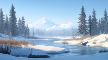 Snowy river, mountain range, winter forest; serene landscape, ideal for calendar or screensaver