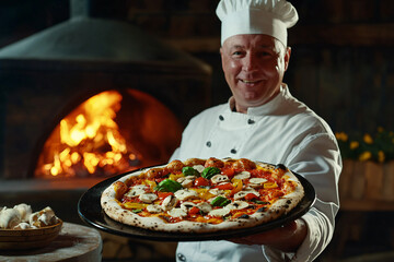 expert chef exhibiting pizza, traditional italian style