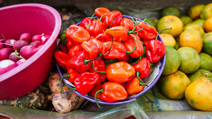 Brilliant red coloured fresh Habanero chilli peppers on sale in a bowl in the municipal market or...