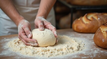 Obraz premium Close-Up of Baker Kneading Dough with Flour on Wooden Surface