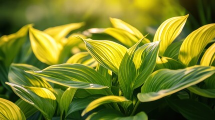 Obraz premium Vibrant green leaves bathed in golden sunlight, creating a serene and peaceful garden atmosphere.