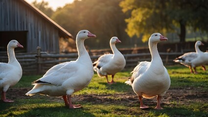 Fototapeta premium View of a goose farm, close-up of white domestic geese on a farm
