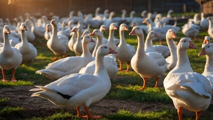 View of a goose farm, close-up of white domestic geese on a farm