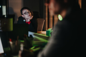Coworkers engage in a late-night brainstorming session, focusing on project strategies and deadlines in a dim office setting. Mix of thoughtful expressions highlights a collaborative work atmosphere.