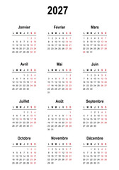 Calendar 2027 in french language with french holidays. Vector illustration	