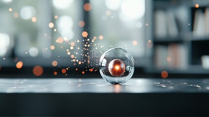 Obraz premium a glass ball resting on a table surrounded by blurred bookshelves in the background