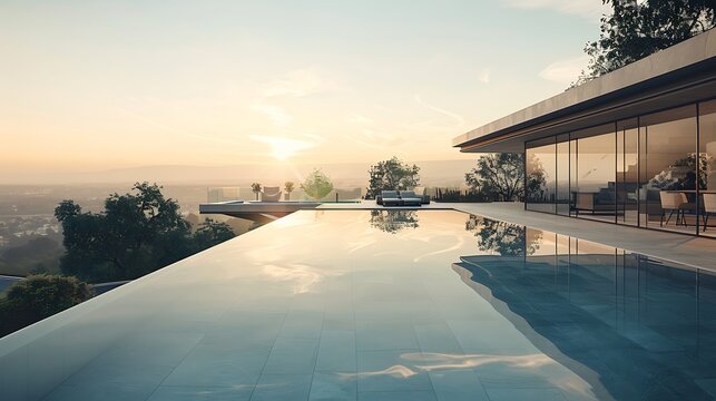 A luxurious glass-walled residence with a large, sun-drenched infinity pool overlooking a scenic landscape, framed by minimalist decor.