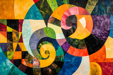 Fototapeta premium Colorful abstract geometric painting with spirals, bold shapes, and vibrant textures, perfect for modern art enthusiasts, interior decor ideas, and lovers of creative abstract designs