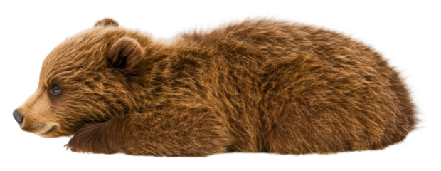 Brown bear cub resting on a white background