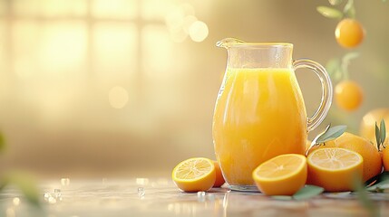 Obraz premium A pitcher of orange juice alongside oranges on a table