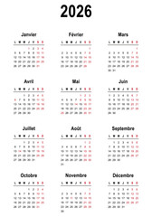 Calendar 2026 in french language with french holidays. Vector illustration	