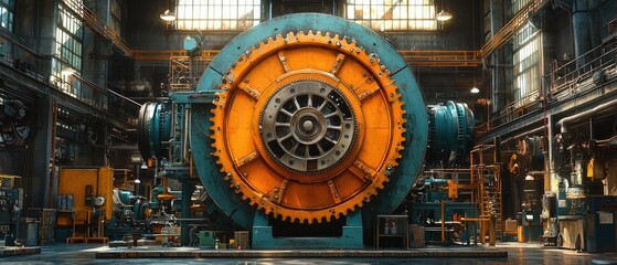 A large industrial machine with gears in a factory setting, showcasing manufacturing power.
