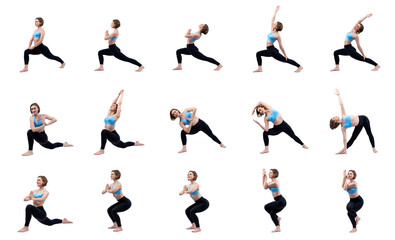Healthy and active young woman in sportswear with different professional fitness posture set of squat training with meditation yoga exercise on isolated background in gaiety full body length shot.