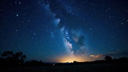  dark warm summer night sky filled with countless twinkling stars, Milky Way is visible, glows from...