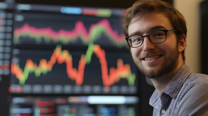 A man is smiling. There are  graphs behind him . The concept of the stock exchange and accounting and analysis of statistical data. Decision-making center