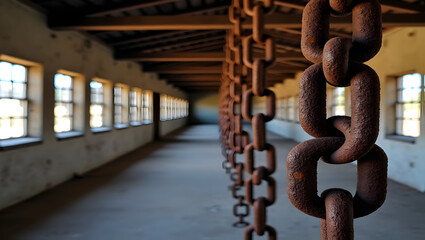 Naklejka premium Rusty chains hanging in an abandoned factory