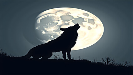 Shadow of a lone wolf howling at the moon