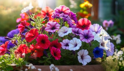 Fototapeta premium Garden petunias, Petunia hybrida purple red blue white flowers in backyard flowerbed