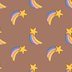 Rainbow Fallen Star Seamless Pattern Small Design on Mocha Mosses Background