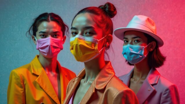 people wearing creative designer masks with fashionable outfits, modern adaptation to pandemic life