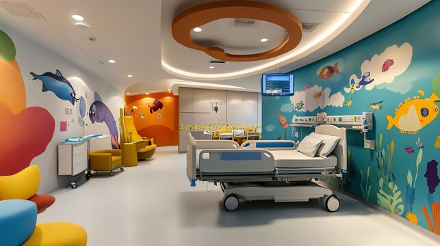Child hospital ward, colorful decor, recovery, playful design, marine mural