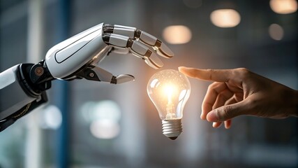Robot Hand and Human Hand Touching Lightbulb – Symbolizing the Spark of Innovation and Technology Fusion