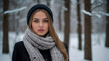 young woman in winter forest