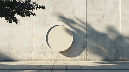 Abstract design featuring a circular element against a textured concrete wall with shadows from nearby foliage