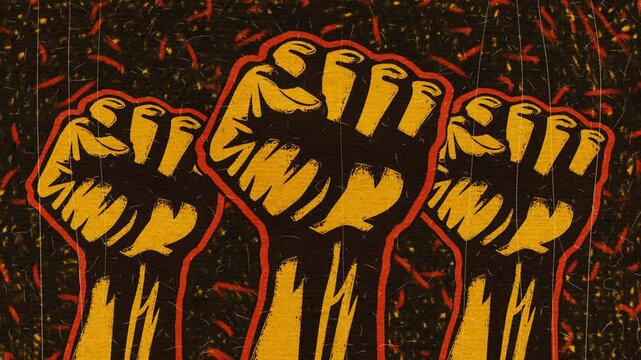 Animation of three raised fists. Stylized protest or solidarity symbol with grunge texture effect. Perfect for social movement, unity, or resistance themed projects. 