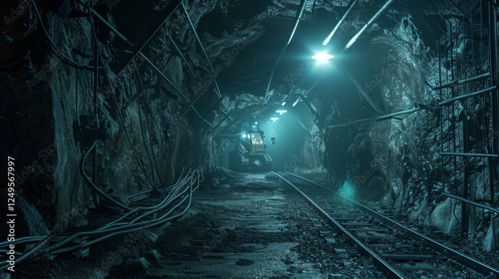 Poster an underground mining tunnel displays harsh textures of rock and earth, where artificial lights illu