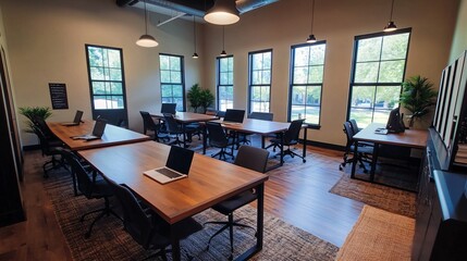 Modern Co-working Space with Large Windows and Natural Light