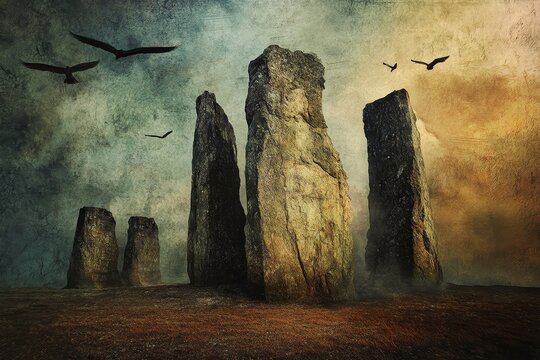 Ancient stone monoliths stand sentinel under a foreboding sky