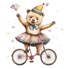 Joyful Teddy Bear Circus Performer Riding a Bike Happy Birthday Celebration