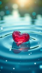Fototapeta premium Red heart floating on water surface with sunlight reflections