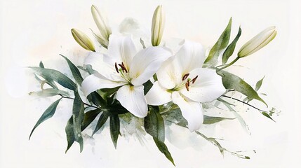 Obraz premium White Lily Watercolor Artwork Featuring Delicate Petals and Green Leaves