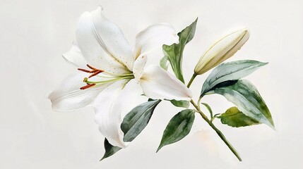 White Lily in Watercolor Showcasing Delicate Petals and Vibrant Green Leaves