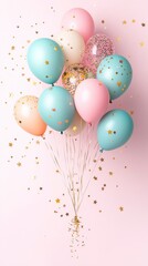 Colorful balloons with confetti float against a soft pink background, creating a festive and celebratory atmosphere.