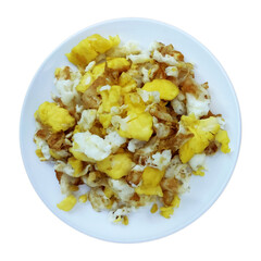 A plate with a healthy meal of scrambled eggs .