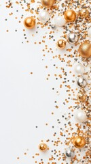 Festive arrangement of sparkling gold, silver, and white ornaments with glitter on a light background, ideal for holiday or celebration themes.