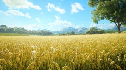 Golden wheat field under a bright blue sky with mountains in the background during the daytime